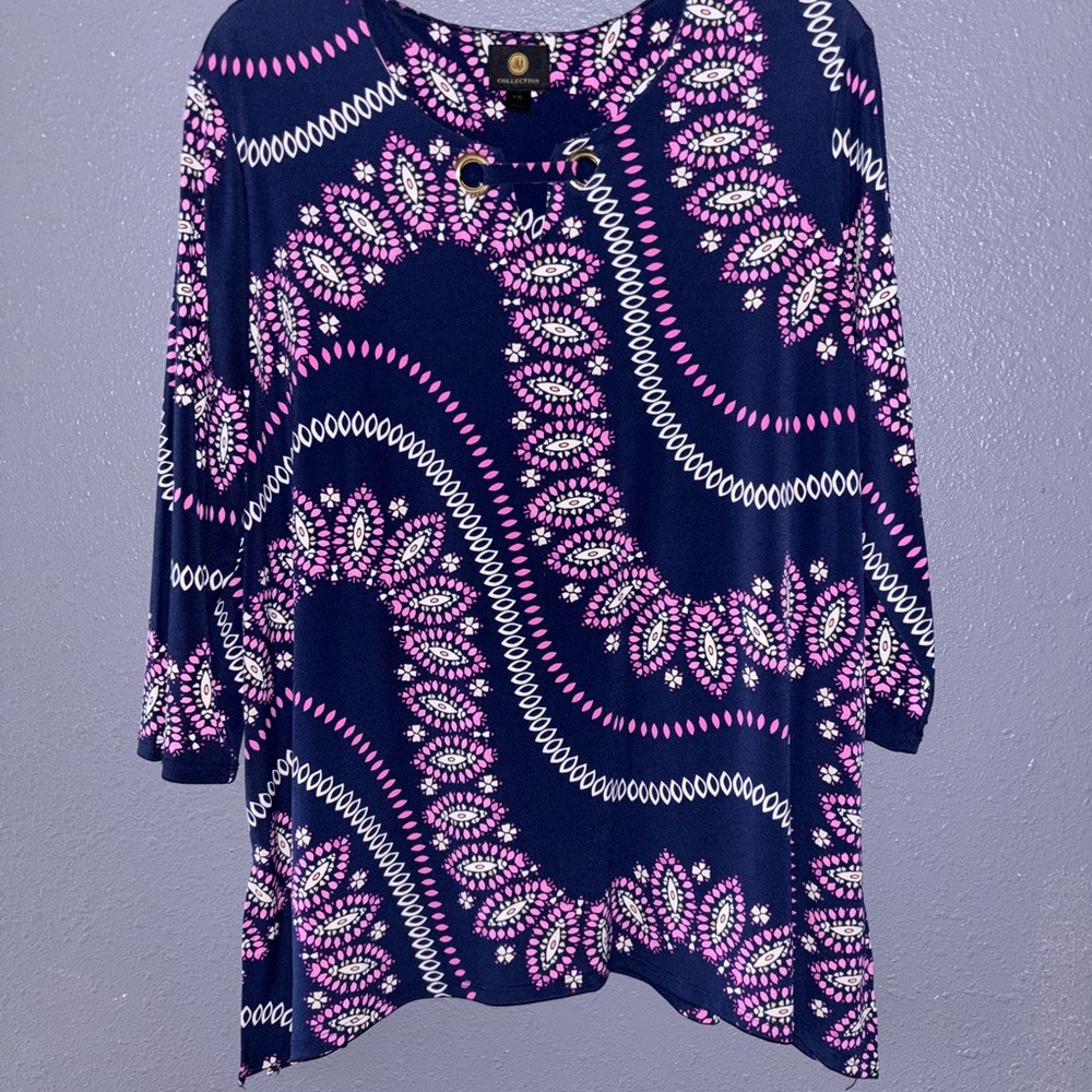JM Collection Navy and Pink Leaf Pattern Tunic